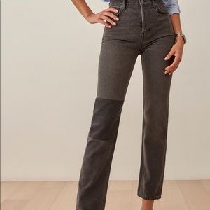 REFORMATION CYNTHIA PATCH HIGH RISE STRAIGHT JEANS IN SIZE 28, ALDER GRAY